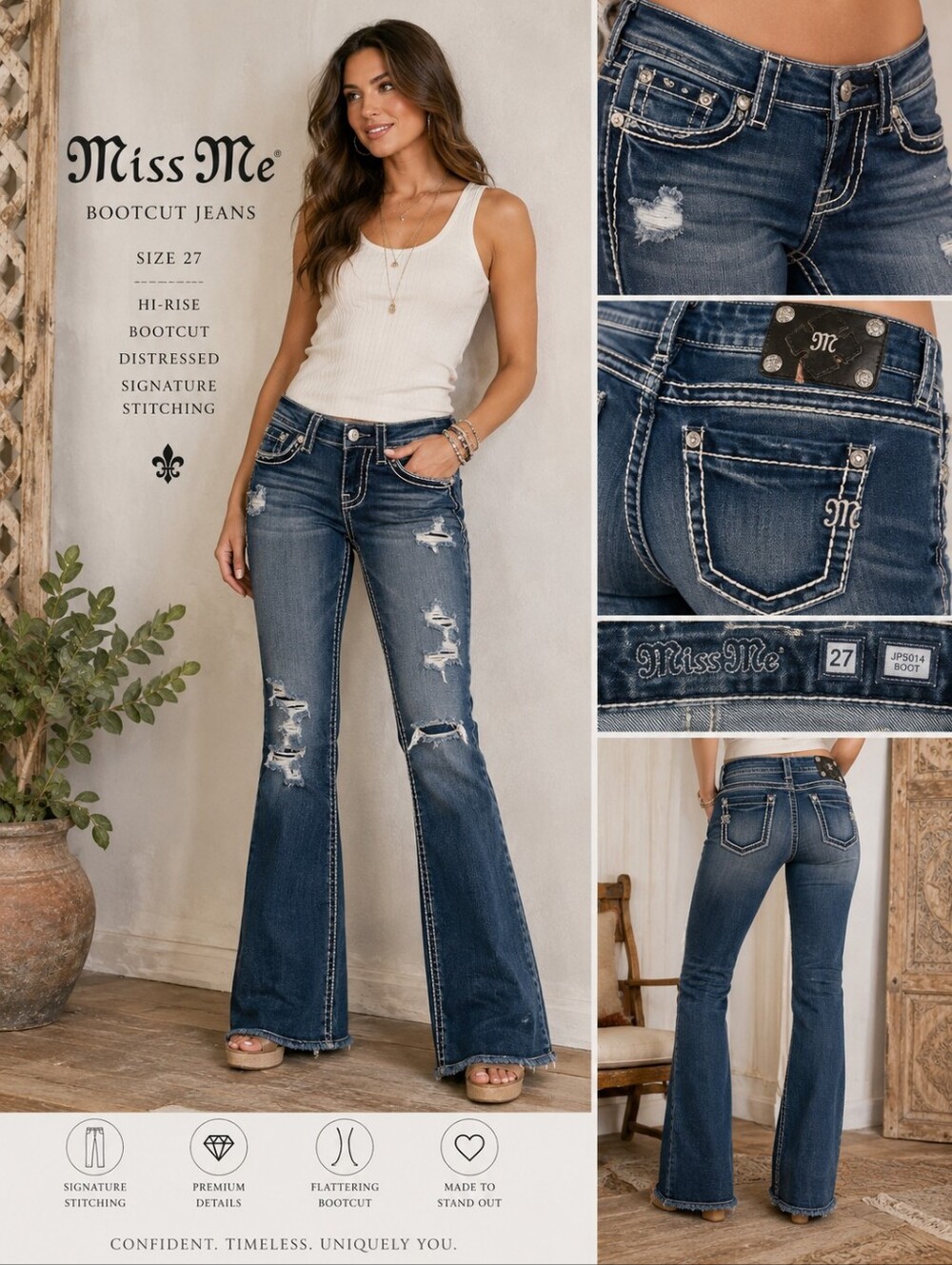 Miss Me JP5014 Bootcut Jeans – Size 27 | Distressed | Premium Contrast Stitching